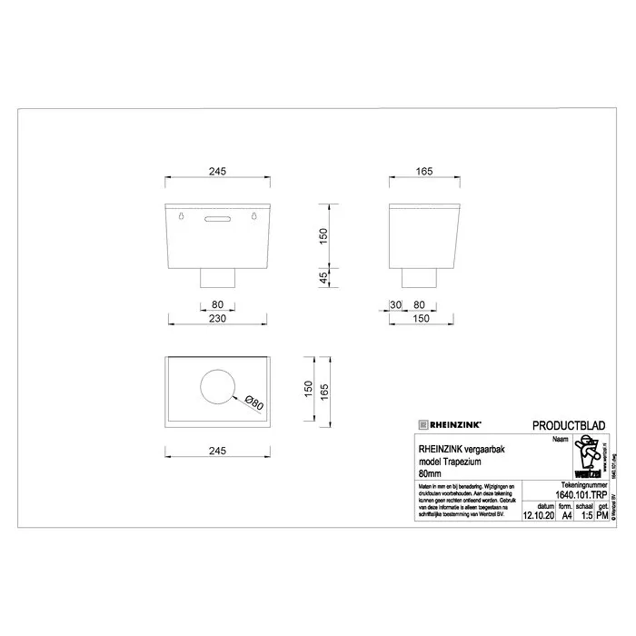 Rheinzink Zinken vergaarbak Trapezium 80 mm rond (NedZink)