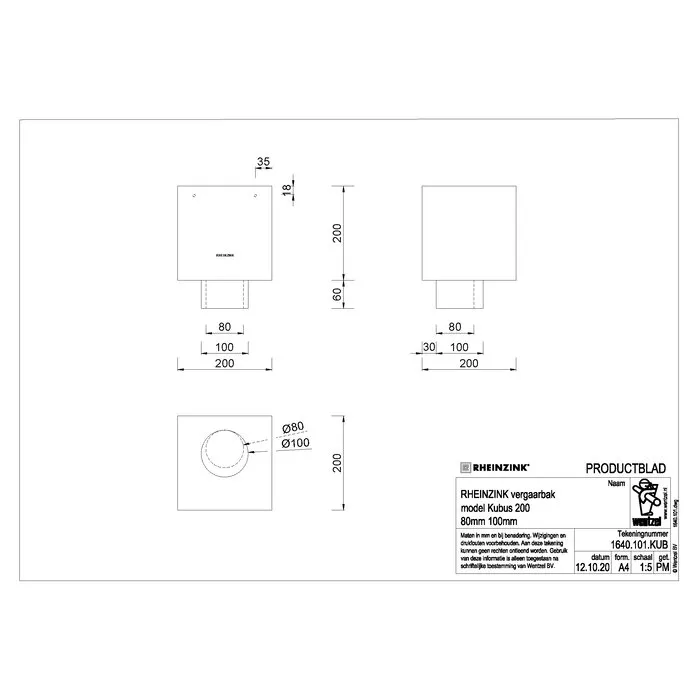 Rheinzink Zinken vergaarbak Kubus 80 mm - 200x200 mm (Rheinzink)