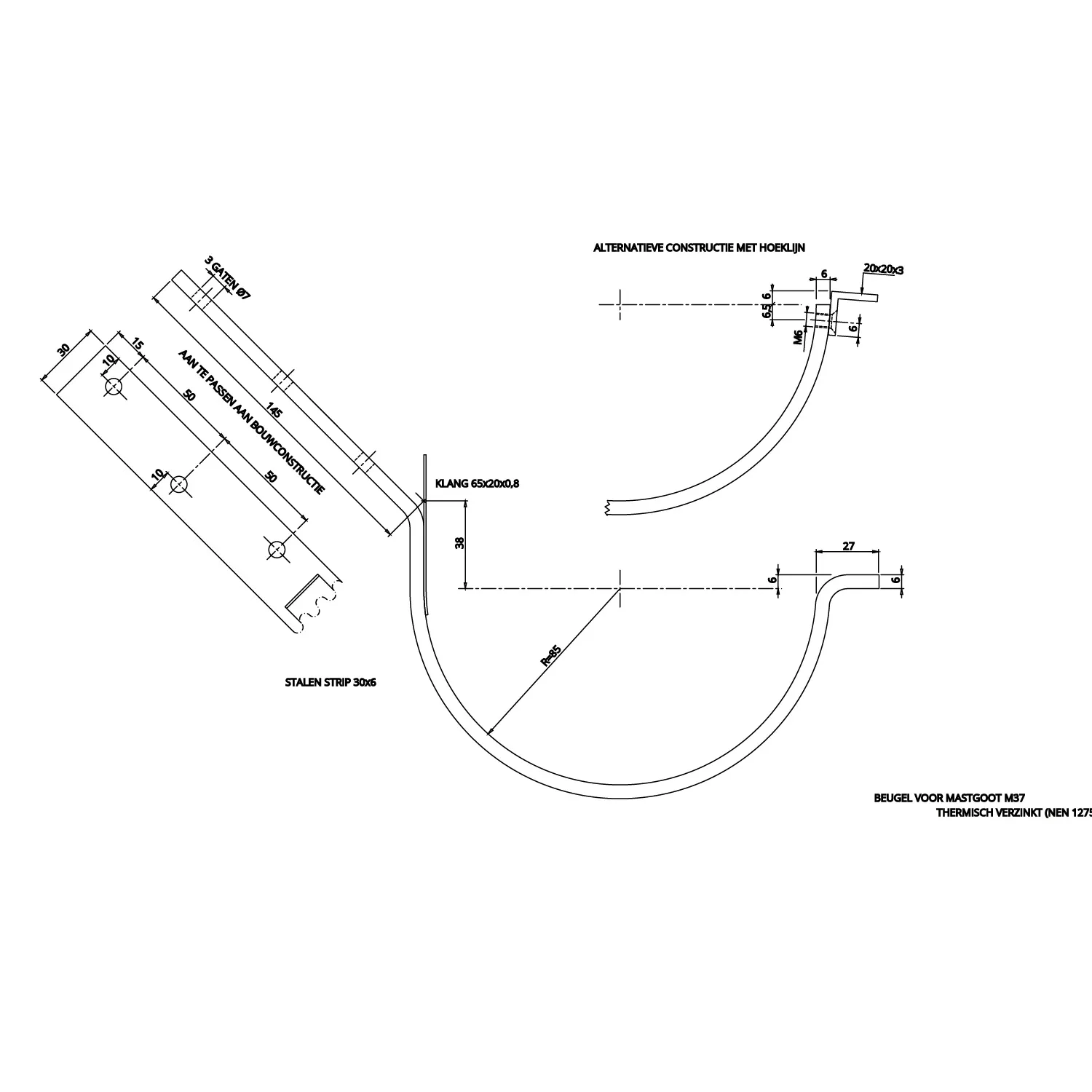 45 graden beugel M37 - tapgat t.b.v. hoeklijn