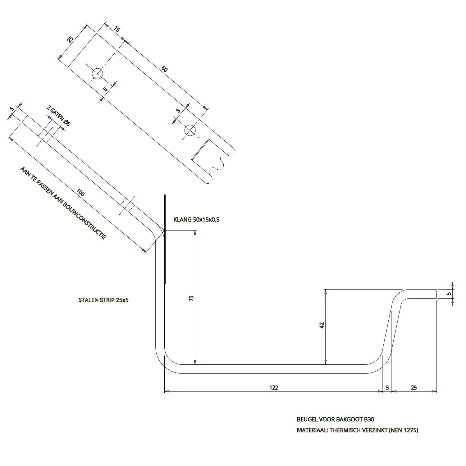 45 graden beugel B30 - tapgat t.b.v. hoeklijn