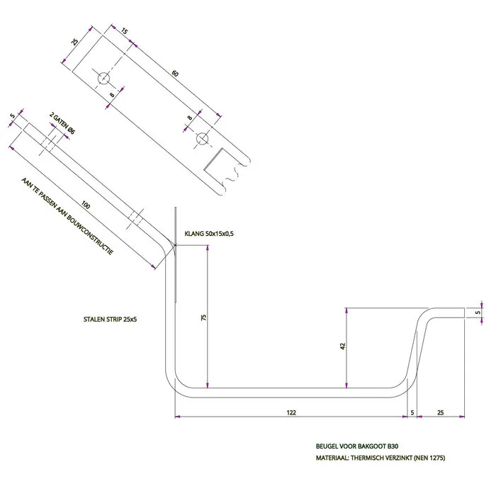 45 graden beugel B30 - tapgat t.b.v. hoeklijn