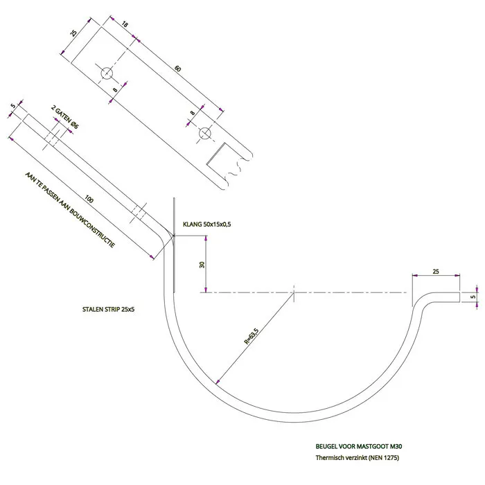 45 graden beugel M30 - tapgat t.b.v. hoeklijn