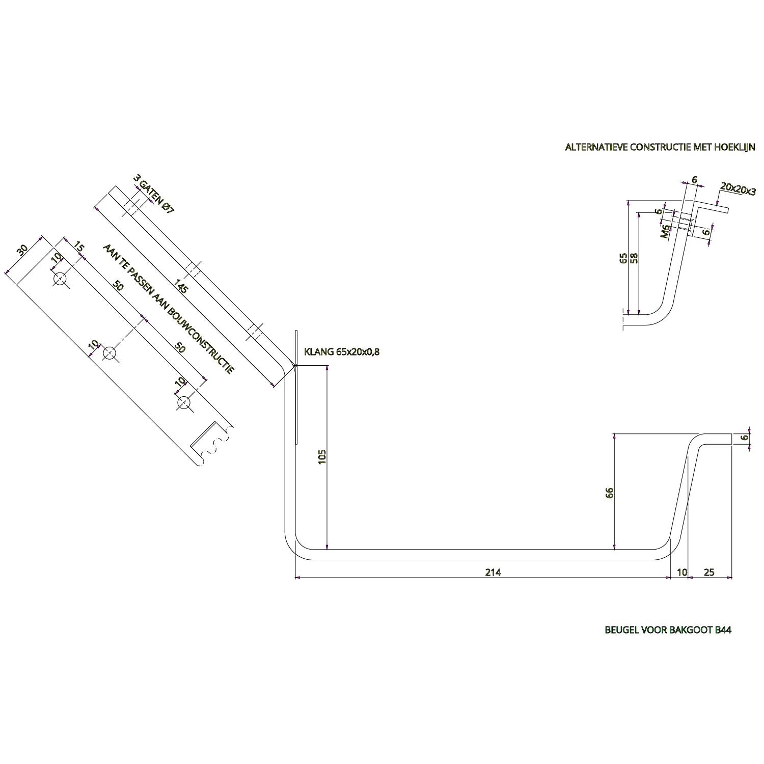 Nedzink Gegalvaniseerde 45 graden beugel bakgoot B44 - 6 mm dik, lip/klang (NedZink)